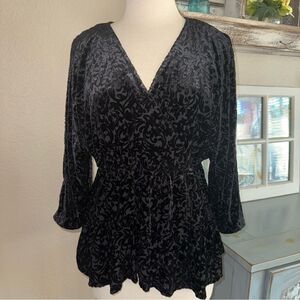 Anthropologie Aleksa Top Black Crushed Velvet Empire Waist Peplum Shirt Size L